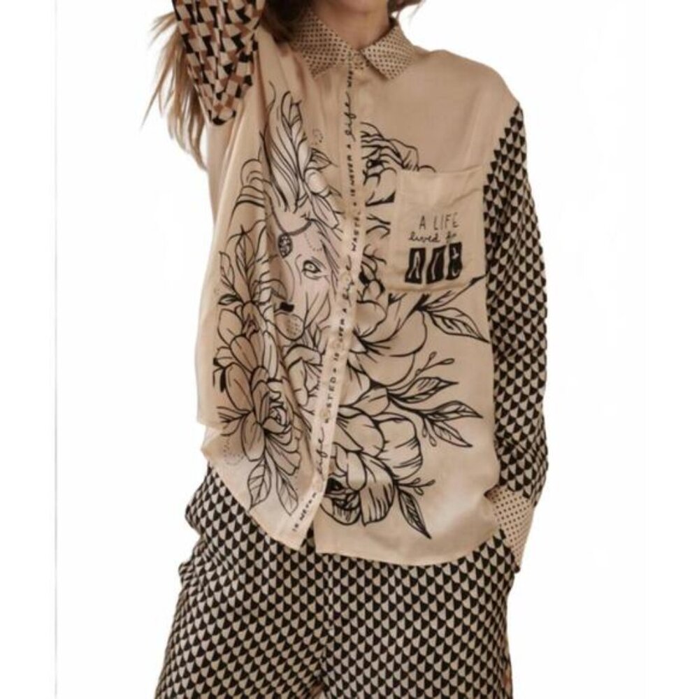 ME369 Scarlett Mystic Print Button Down Shirt Mixed Pattern Blouse NWT Size S